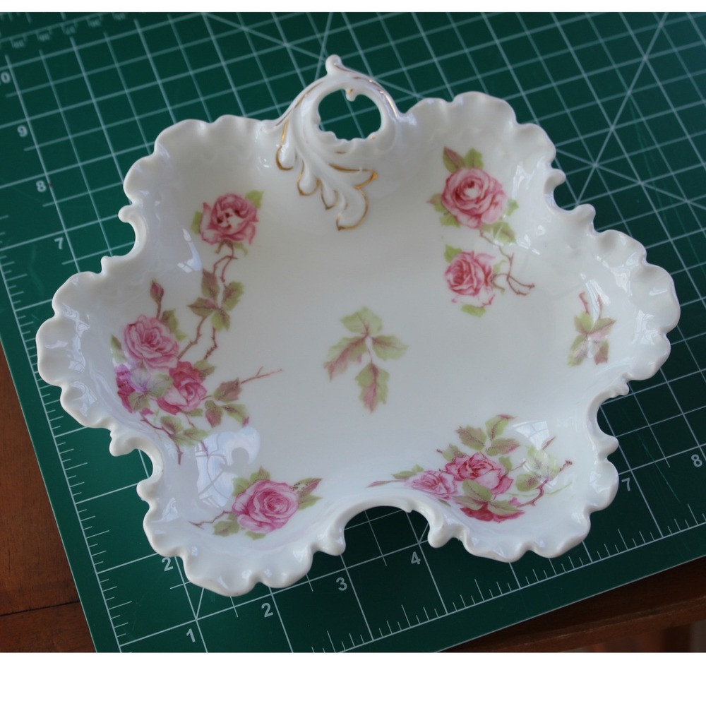 Antique RC Rosenthal Monbijou Pink Roses Scalloped Candy Dish Gold Gilt Handle